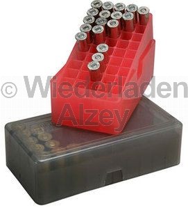 50er MTM Patronenbox, Stülpdeckel, für .45 Colt, .44 Mag. / ....., Farbe rot-klar, E-50-45-29