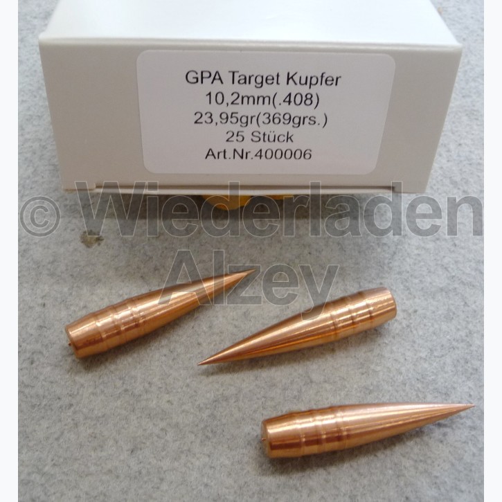 10,2 mm / .408 Chey Tac, 23,95 Gramm / 369 grain, GPA Sport Kupfergeschosse, Art.-Nr.: 400006